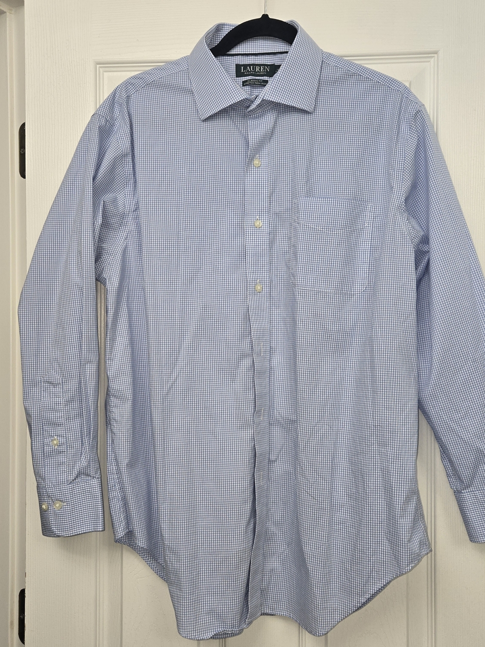 ​Lauren Ralph Lauren Blue White Gingham Stretch Non Iron Dress Shirt 16.5 32/33